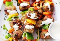 Grilled Turkey Meatball Skewers with Tangy Herb Sauce