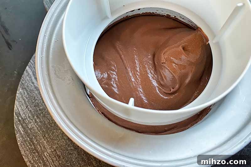 Horizontal image of churning a dark brown base.