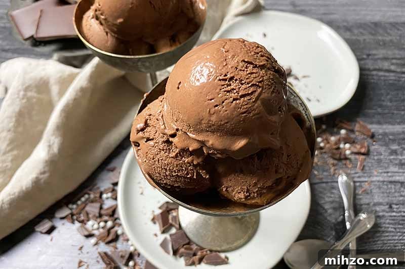 Horizontal image of bowls with scoops of a chocolate frozen dessert on white plates.