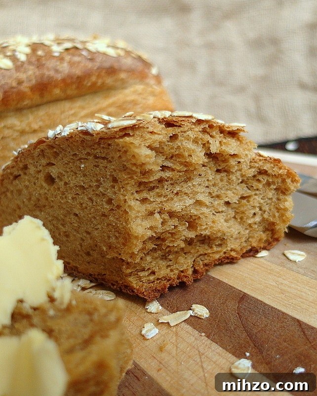 Old Neighborhood Oatmeal Porter Beer Bread Recipe 5 Close up of the crumb of a round of oatmeal porter bread.