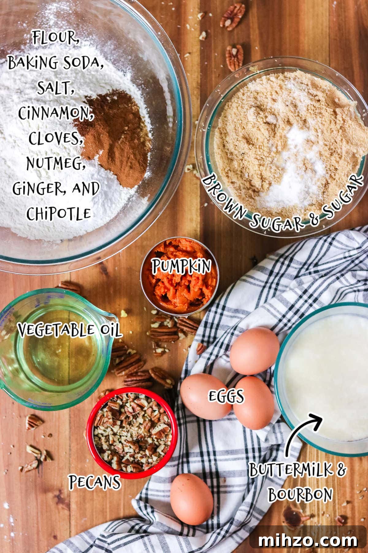 Classic Pumpkin Spice Quick Bread Recipe for Fall Baking 3 Labeled ingredients for homemade pumpkin bread.