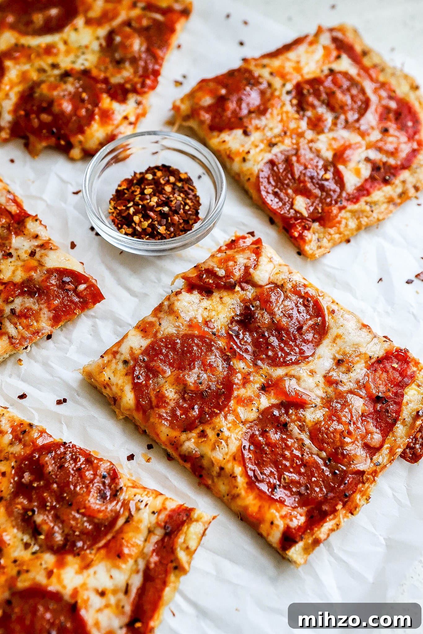 Side angle of chicken crust pizza with pepperoni and mozzarella as toppings.