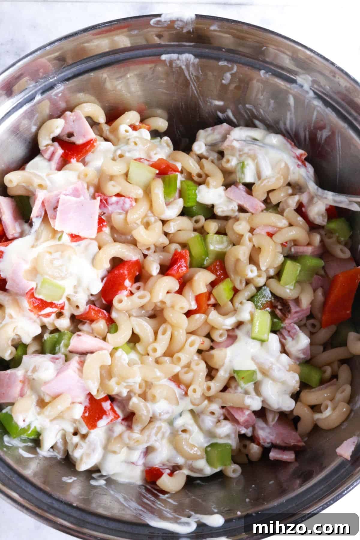 Mexican Macaroni Pasta Salad with Creamy Dressing 6 Bowl with ingredients for coditos salad.