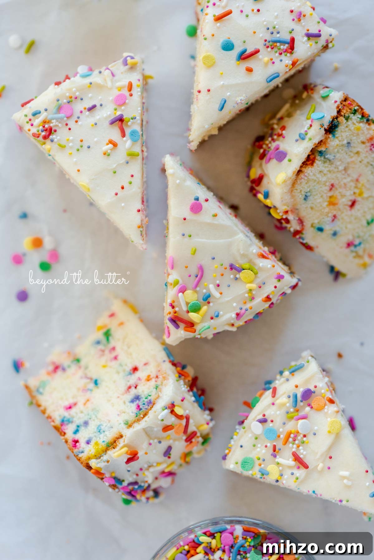 Single-Layer Funfetti Cake Recipe for Bright, Moist Celebration Cakes 3 Slices of single layer funfetti cake from BeyondtheButter.com | All images © Beyond the Butter®