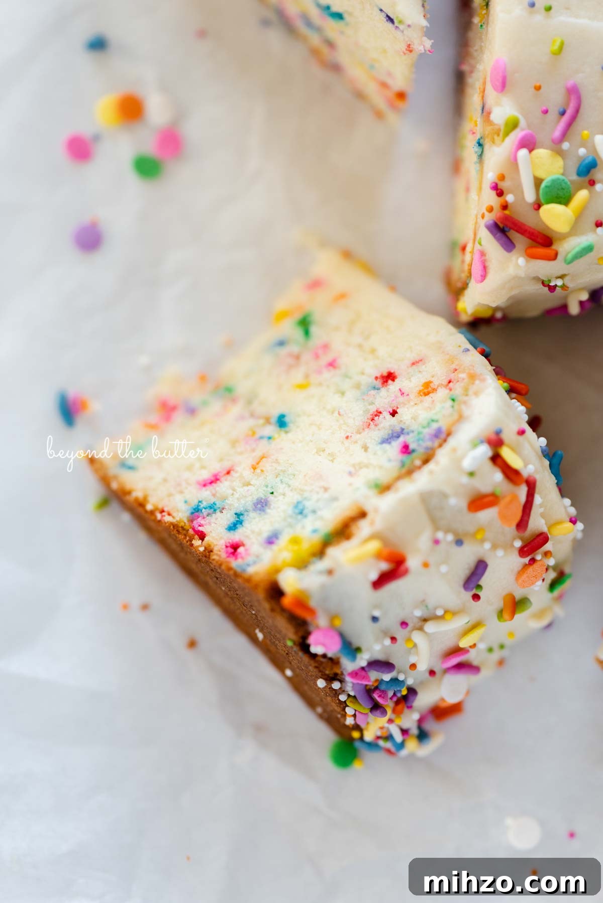 Single-Layer Funfetti Cake Recipe for Bright, Moist Celebration Cakes 5 Slices of single layer funfetti cake on their side from BeyondtheButter.com | All images © Beyond the Butter®