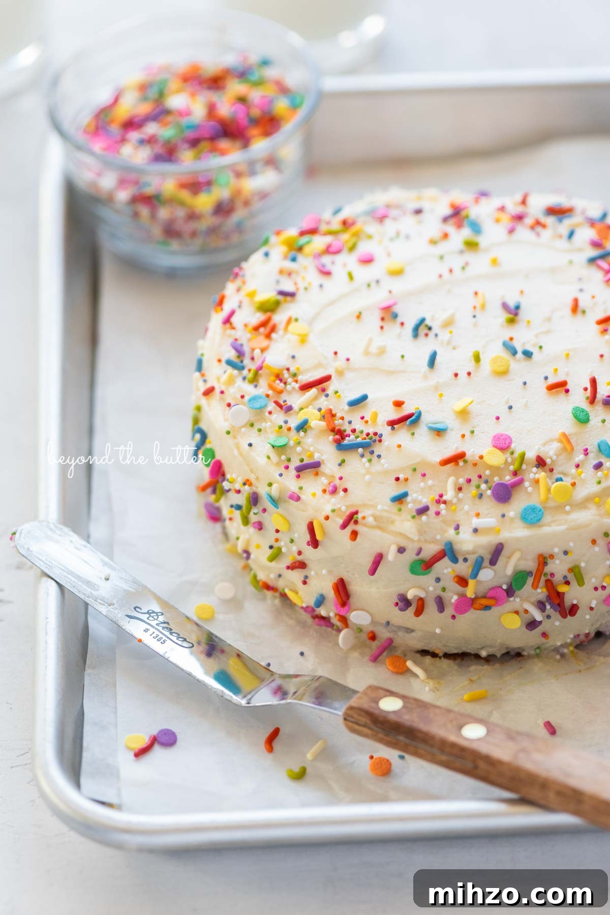 Single-Layer Funfetti Cake Recipe for Bright, Moist Celebration Cakes 7 Single layer funfetti cake just frosted and sprinkled from BeyondtheButter.com | All images © Beyond the Butter®