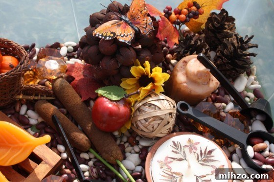 IMG_0345 mini apples, pumpkins, candles, monarchs, pinecones and lentils in bin for kids to play with