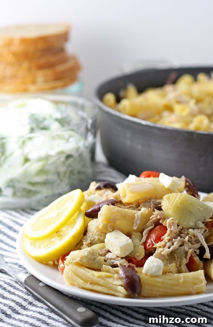 Healthy eating doesn’t have to be boring! Try this tasty One Pot Mediterranean Chicken Feta Pasta made with Nikos® feta. #NikosFeta #WaveOfFlavor