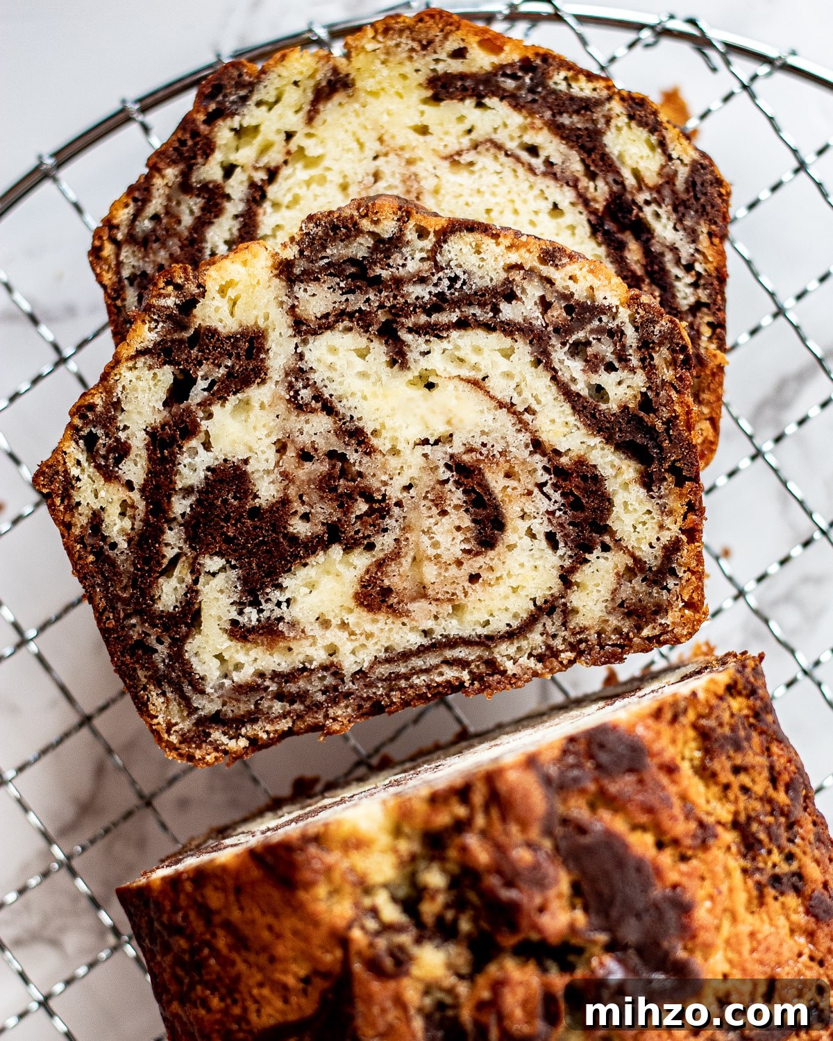 overhead shot of marble loaf cake