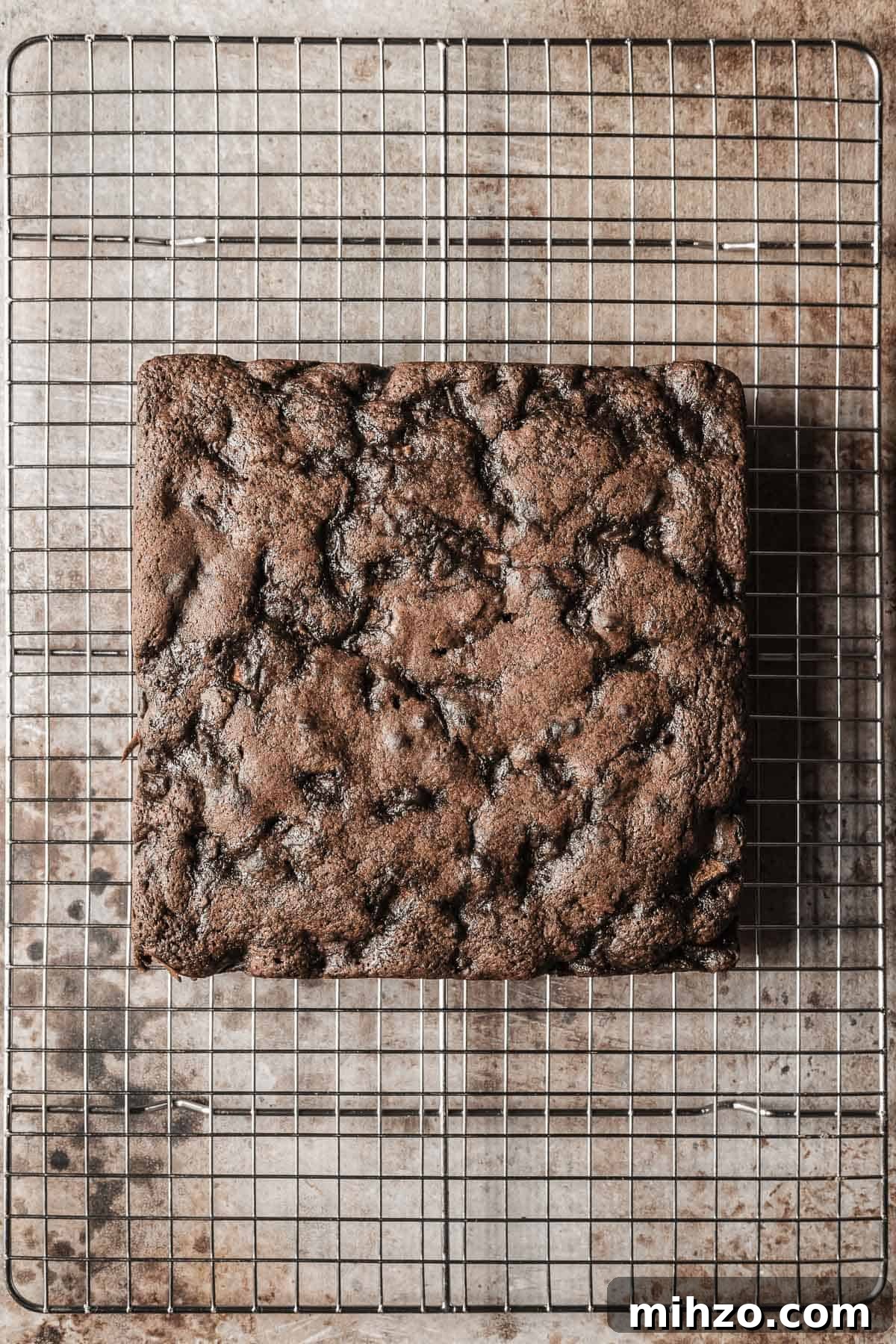 A baked single layer square chocolate cake cooling on a metal rack.