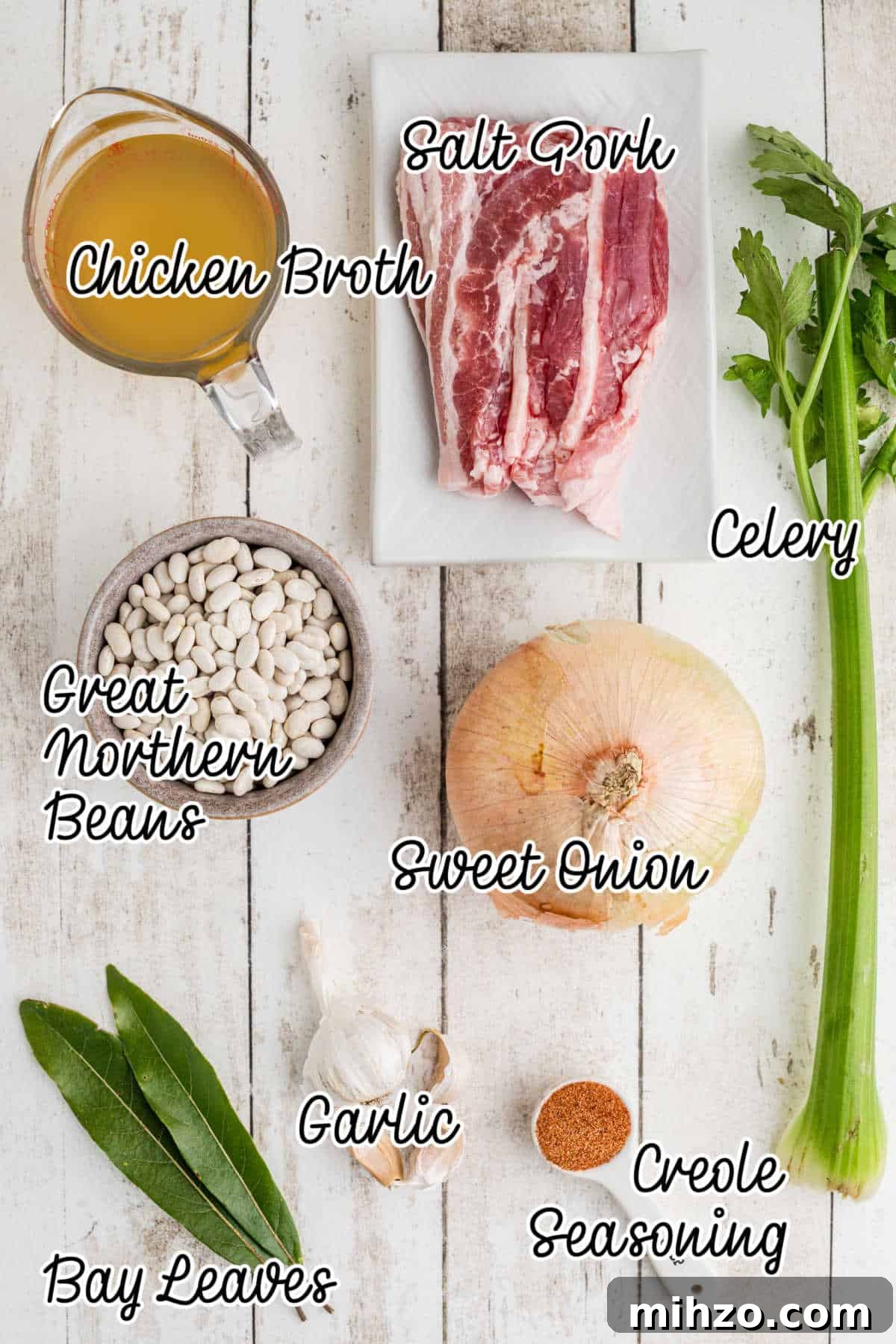 Southern-Style Great Northern Beans Recipe: Savory Slow-Cooker Method 3 Ingredients needed to make a southern great northern beans recipe, all laid out with text overlay.