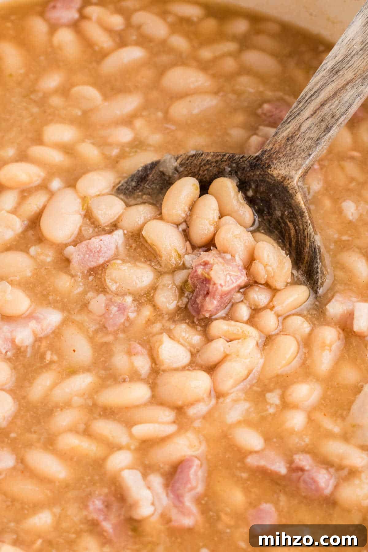 Southern-Style Great Northern Beans Recipe: Savory Slow-Cooker Method 9 Close up of great northern beans on a spoon.