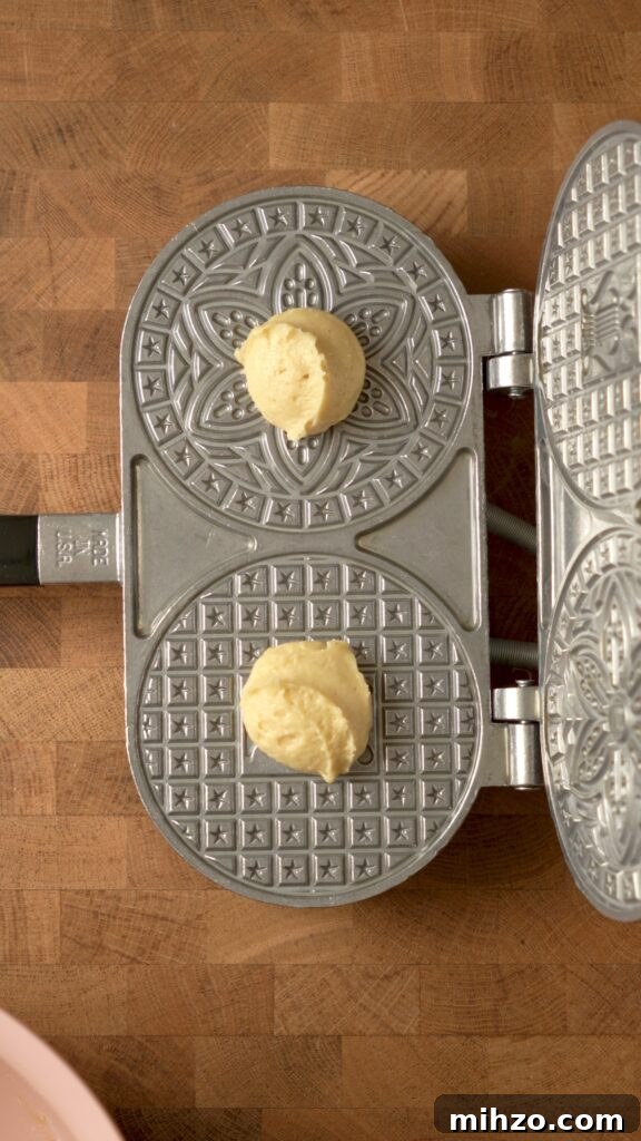 Pizzelle Recipe: Traditional Italian Waffle Cookies Guide 5 2 balls of batter on the hot pizzelle iron
