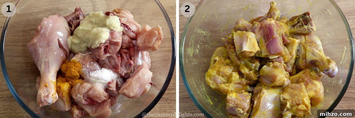 Andhra-Style Crispy Chicken Fry (Kodi Vepudu) 4 collage image of 2 steps showing andhra chicken fry marination. It shows raw chicken with spices in a bowl and mixed chicken with spices in another bowl.