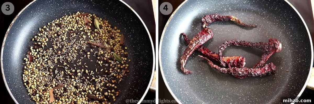 Andhra-Style Crispy Chicken Fry (Kodi Vepudu) 5 collage image of 2 steps showing roasting the spices and dry red chilies.