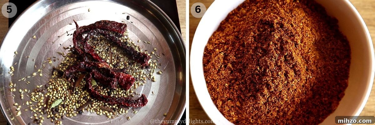 Andhra-Style Crispy Chicken Fry (Kodi Vepudu) 6 collage image of 2 steps showing roasted spices to make Andhra chicken fry masala in a plate and ground spices or garam masala powder in another bowl.
