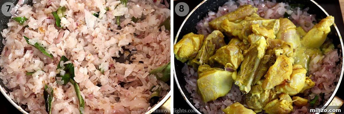 Andhra-Style Crispy Chicken Fry (Kodi Vepudu) 7 collage image of 2 steps showing sauteing onions and addition of marinated chicken to the pan.