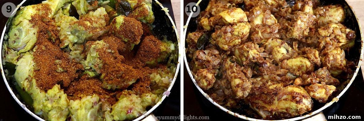 Andhra-Style Crispy Chicken Fry (Kodi Vepudu) 8 collage image of 2 steps showing addition of spice powder to the pan and stir-frying the chicken with masala.