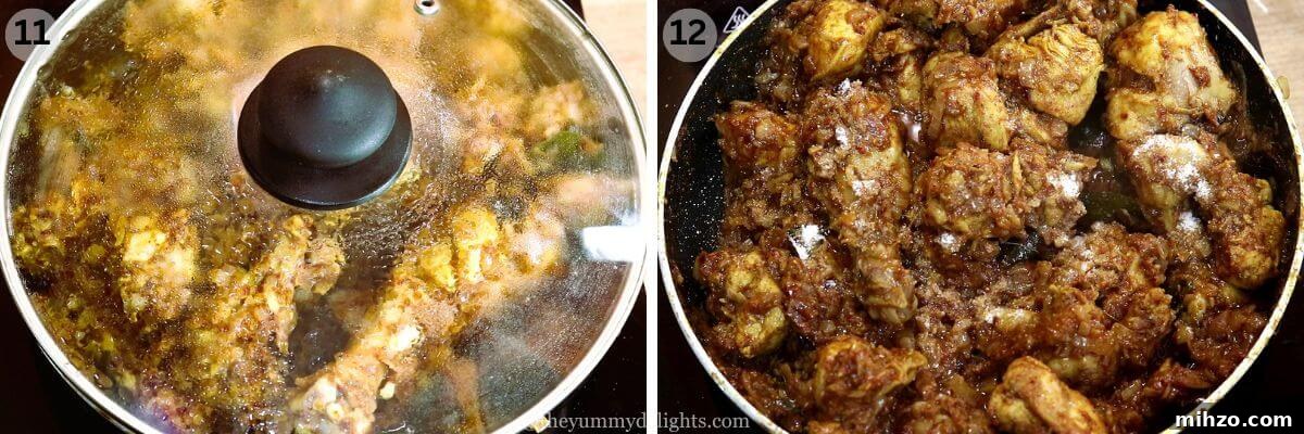 Andhra-Style Crispy Chicken Fry (Kodi Vepudu) 9 collage image of 2 steps showing cooking the chicken and addition of salt to it.