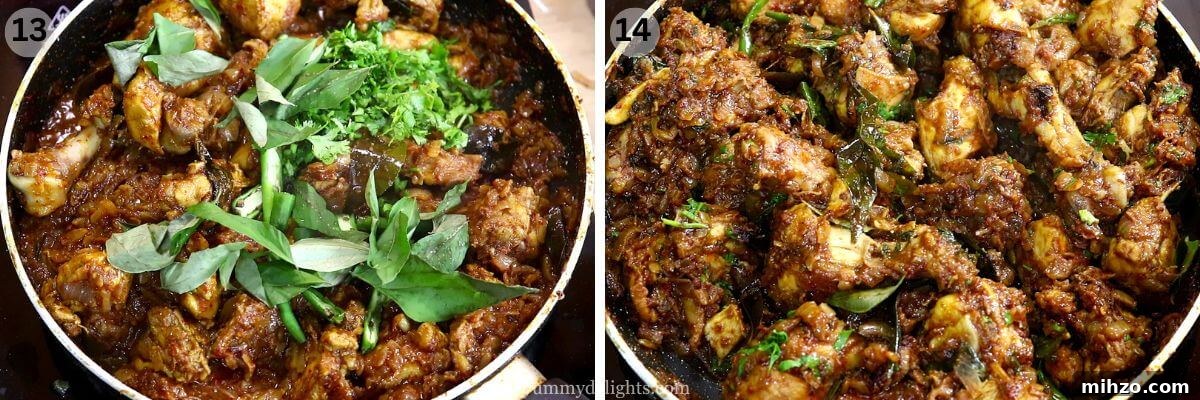 Andhra-Style Crispy Chicken Fry (Kodi Vepudu) 10 collage image of 2 steps showing addition of curry leaves, green chilies, and coriander leaves.