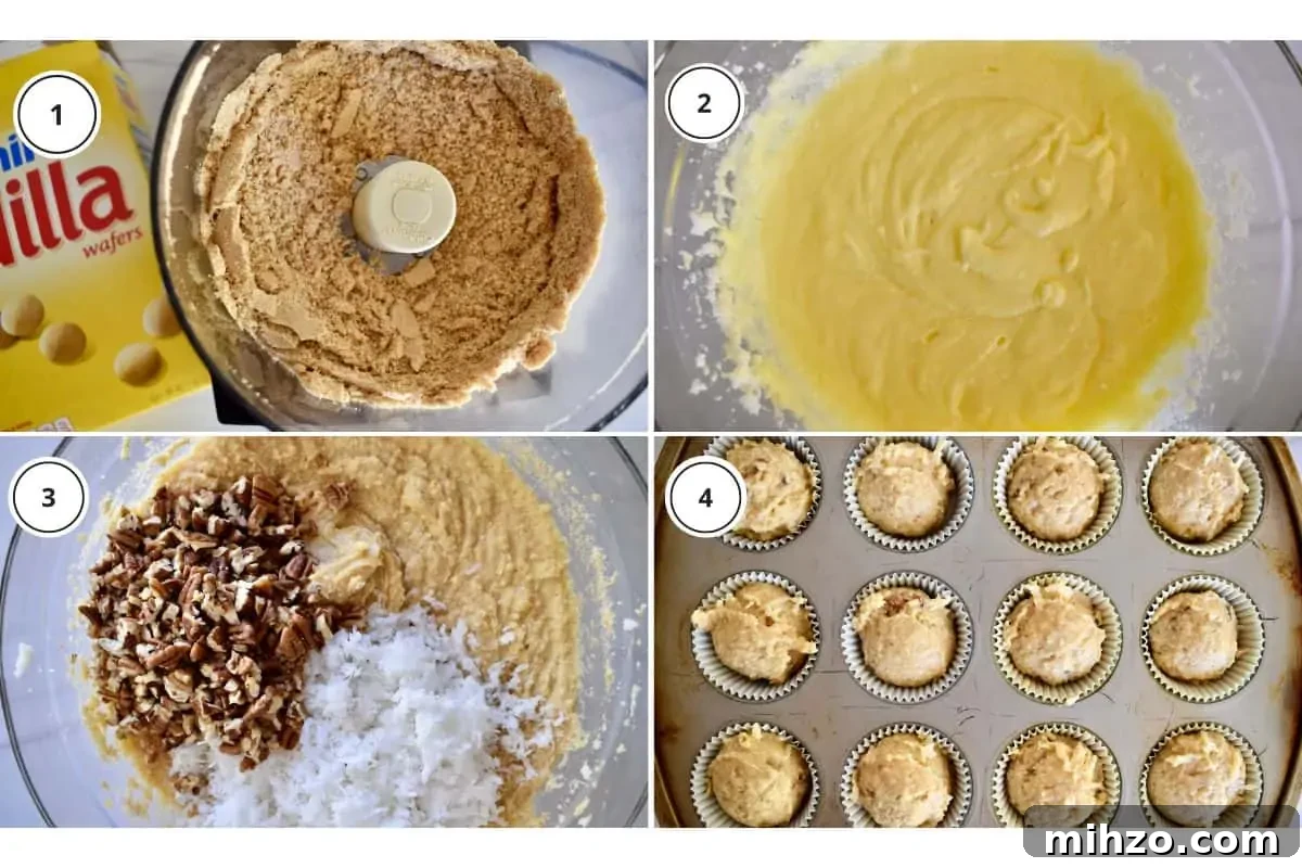 Classic Vanilla Wafer Cupcakes with Creamy Buttercream Frosting 5 overhead photo of process shots including mixing the batter, grinding the Nilla cookies, and scooping into muffin tins.
