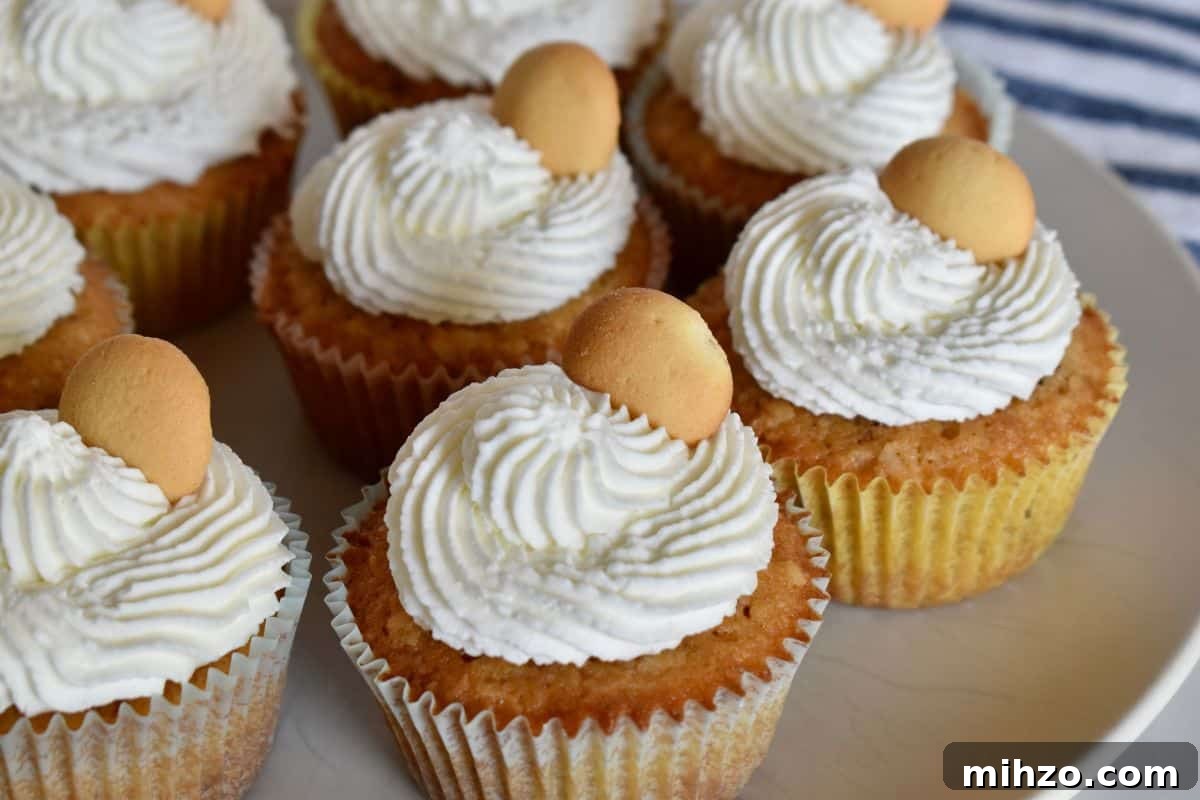 Classic Vanilla Wafer Cupcakes with Creamy Buttercream Frosting 9 Vanilla wafer cupcakes on a plate with a stripped in the background.