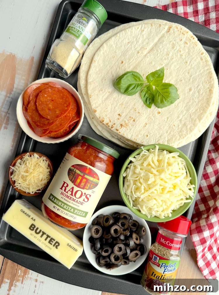 How to Make Pizza Burritos at Home — Fusion Recipe and Tips 4 List of basic ingredients for making oven baked buttery pizza burritos with the stuffings of your choice.