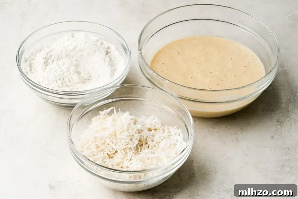 coconut shrimp recipes three bowls with dredge and batter ingredients