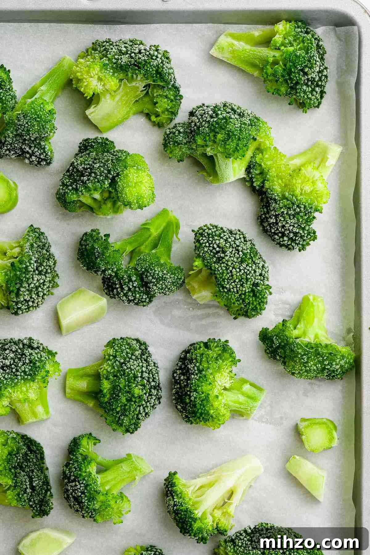 Blanch Broccoli Quickly: Perfectly Crisp, Bright Green Every Time 12 image of scattered broccoli florets on white parchment paper