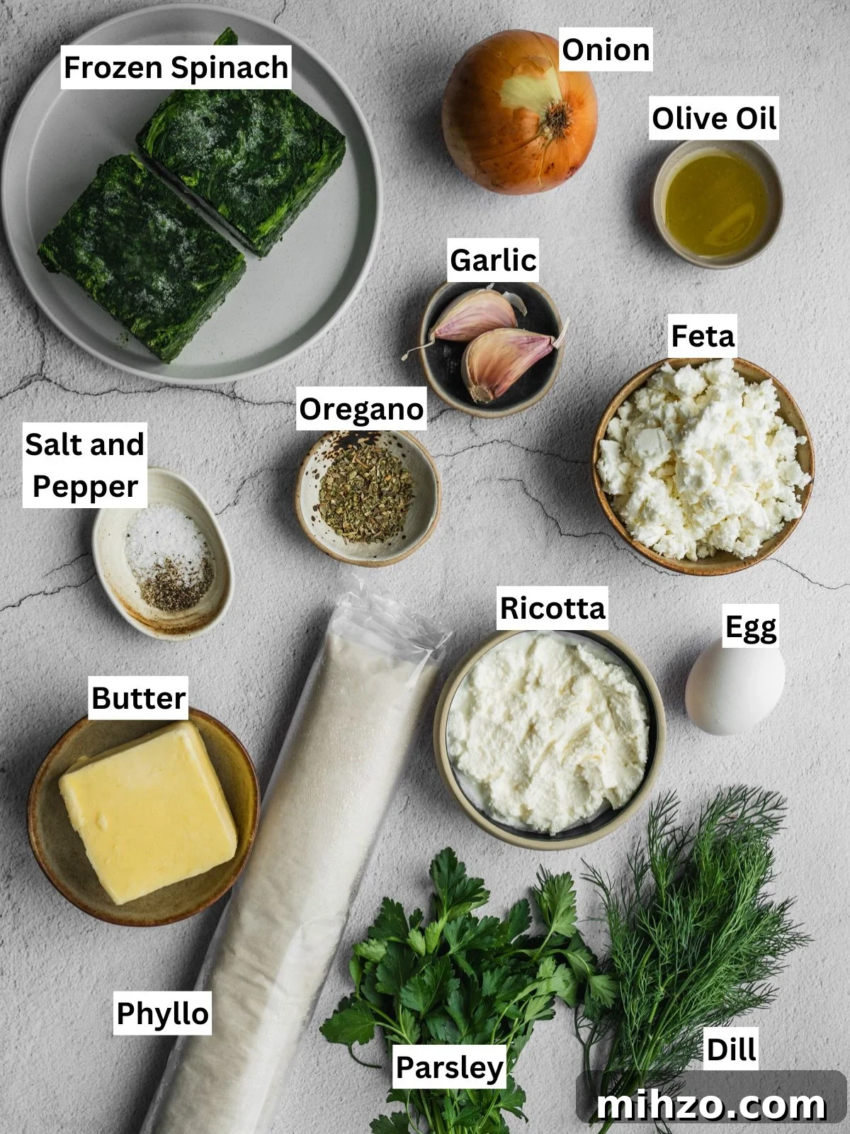 Authentic Spanakopita: Classic Greek Spinach Pie with Phyllo 3 Greek spinach pie recipe ingredients with individual labels on a board.
