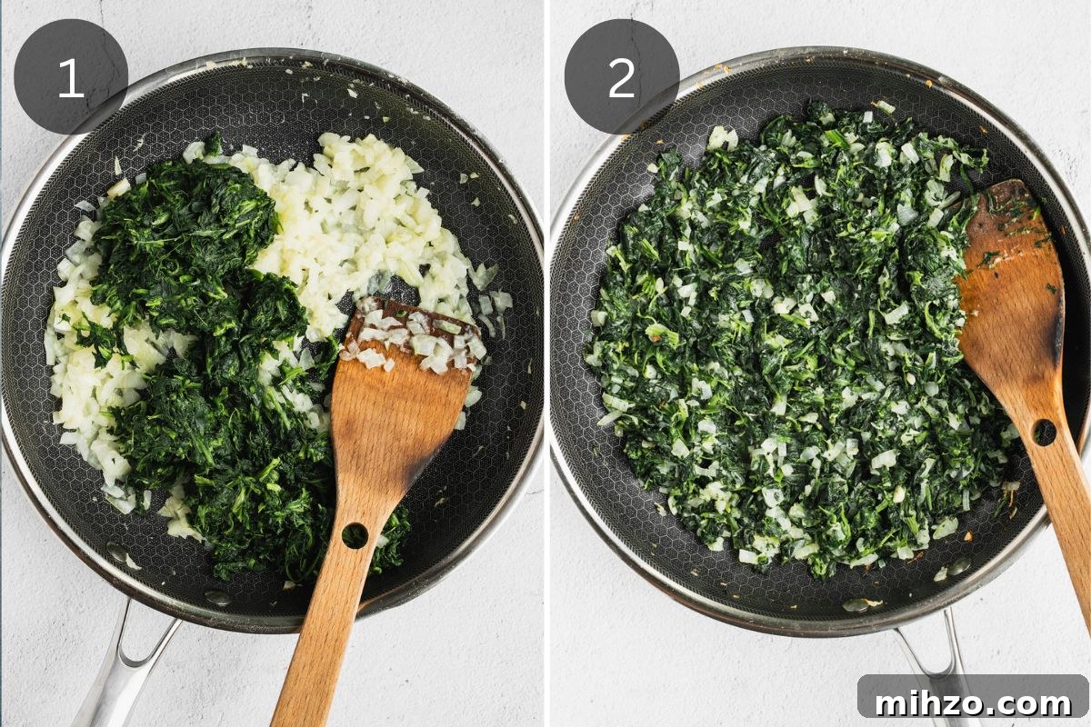 Authentic Spanakopita: Classic Greek Spinach Pie with Phyllo 4 Recipe steps showing the sauteing of the onion, garlic and spinach.