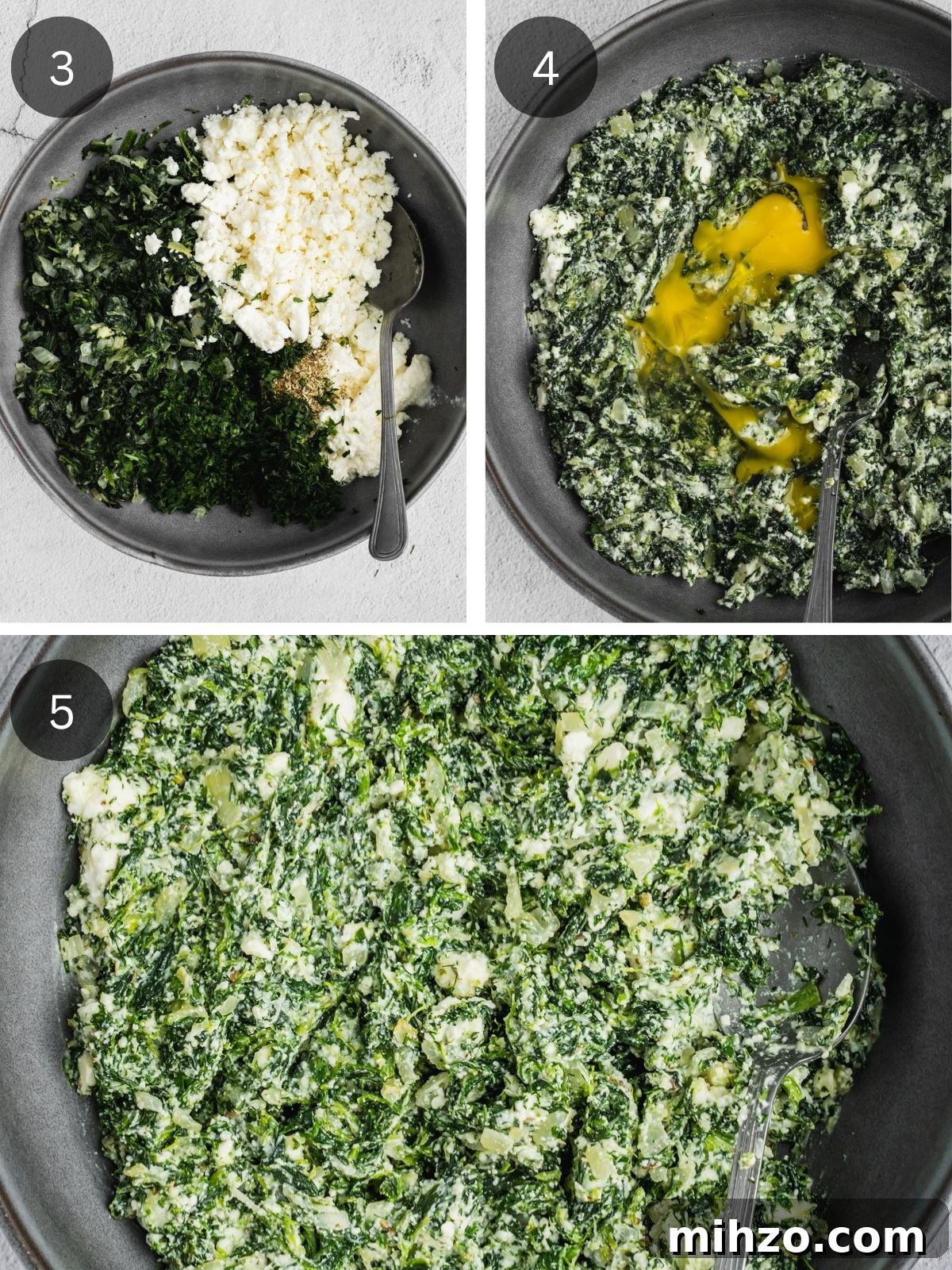 Authentic Spanakopita: Classic Greek Spinach Pie with Phyllo 5 Recipe steps showing the mixing of the prepared spinach with the cheese and other ingredients.