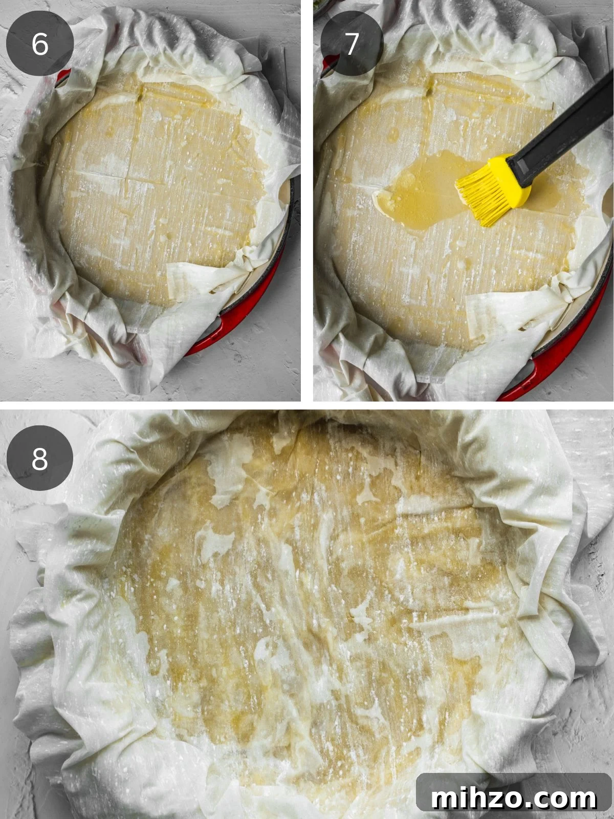 Authentic Spanakopita: Classic Greek Spinach Pie with Phyllo 6 Recipe steps showing the buttering of the pan, the layering of the phyllo dough with overhand and the buttering of each later.