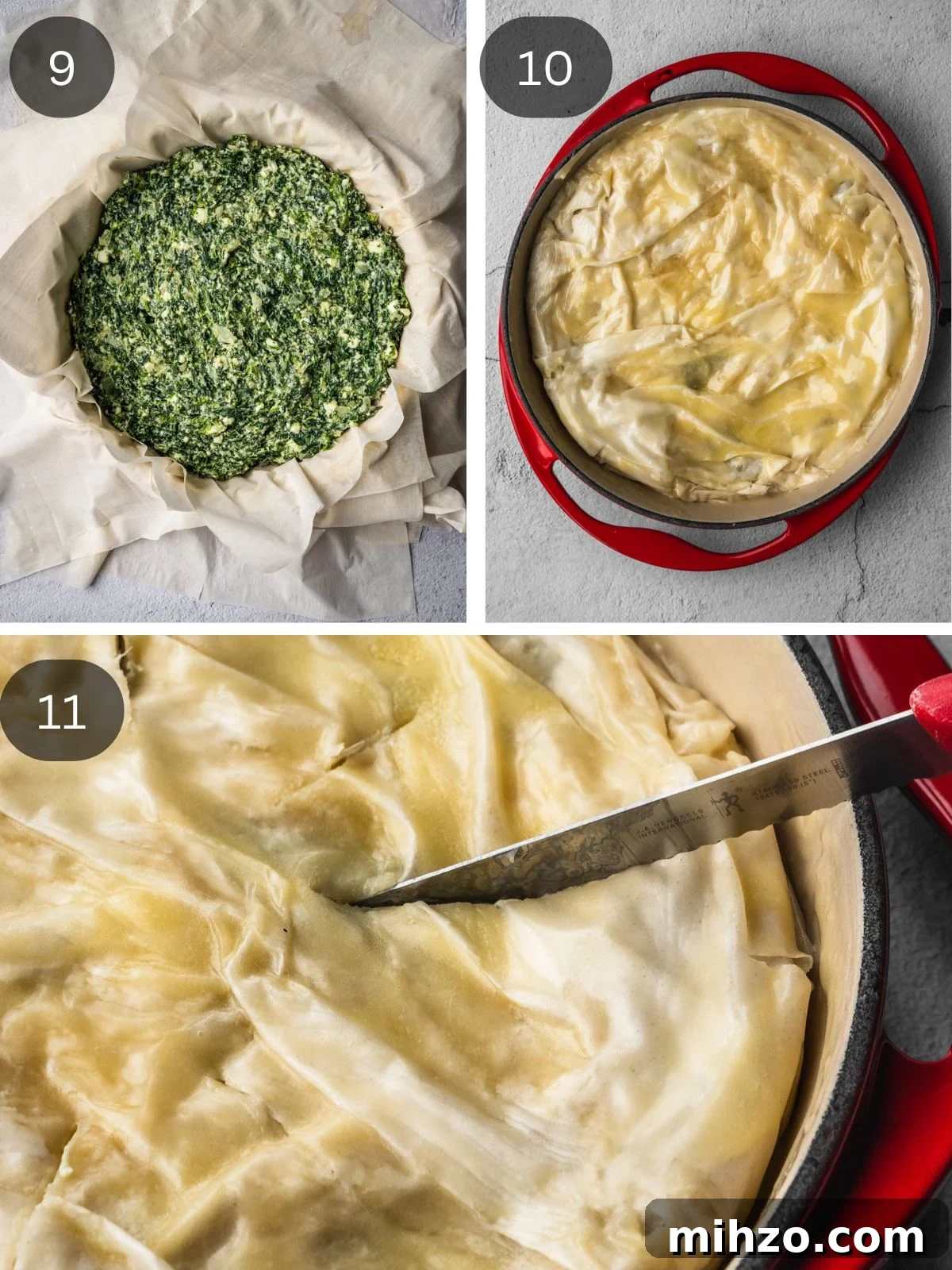Authentic Spanakopita: Classic Greek Spinach Pie with Phyllo 7 Recipe steps showing the filling being added to the phyllo pie shell and the prepared pie ready for baking.
