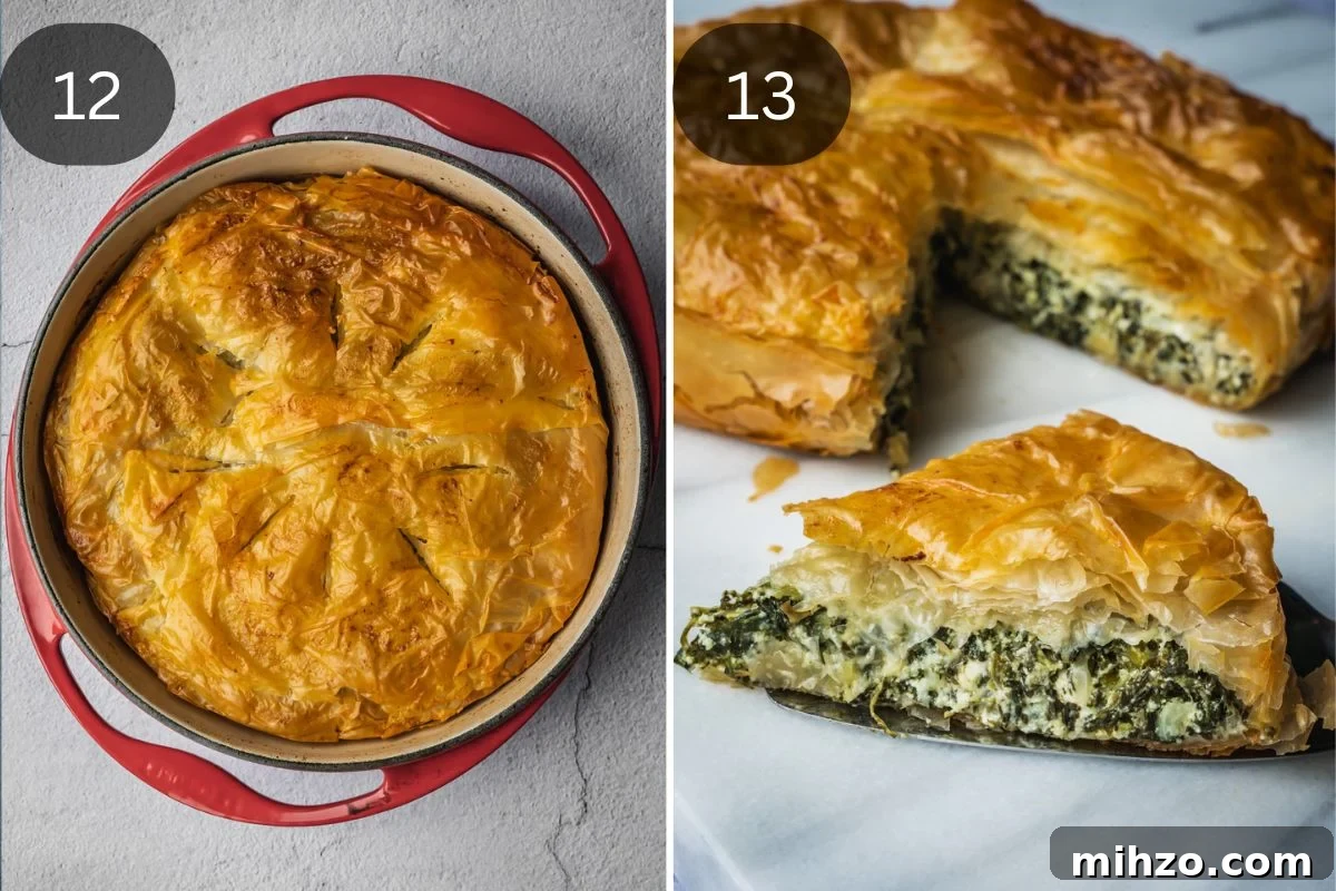 Authentic Spanakopita: Classic Greek Spinach Pie with Phyllo 8 Recipe step showing the finished bake and a slice of pie on a marble slab.