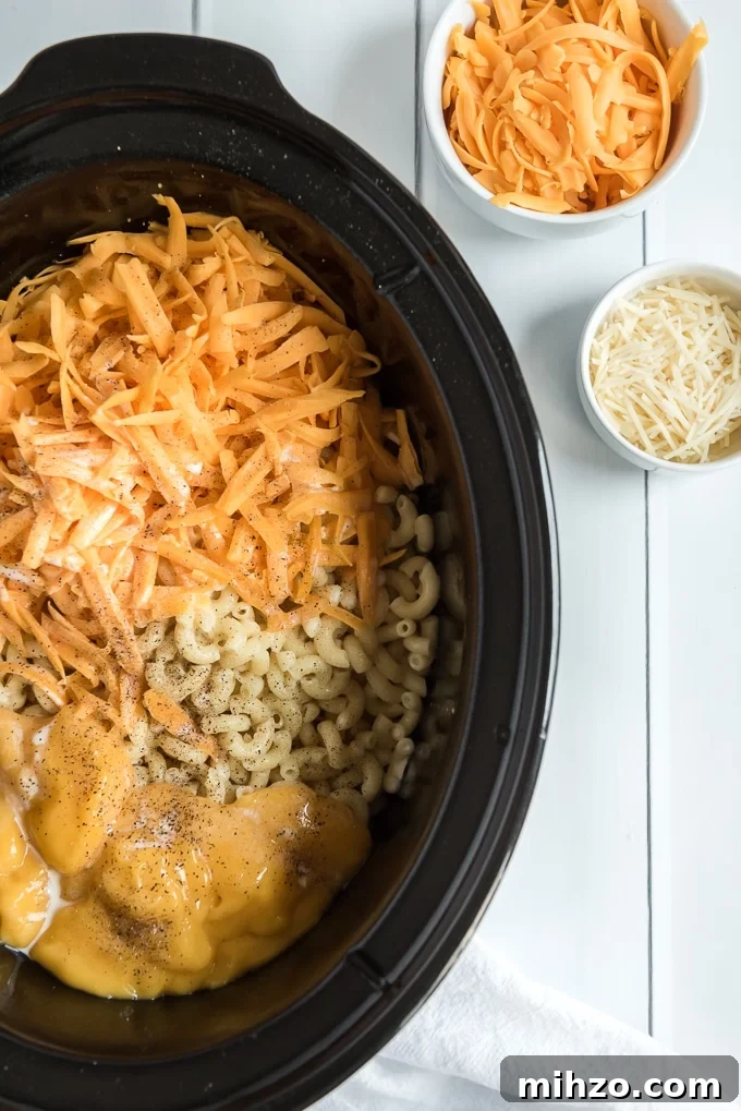 Creamy Slow Cooker Macaroni and Cheese Recipe 7 all ingredients in crockpot