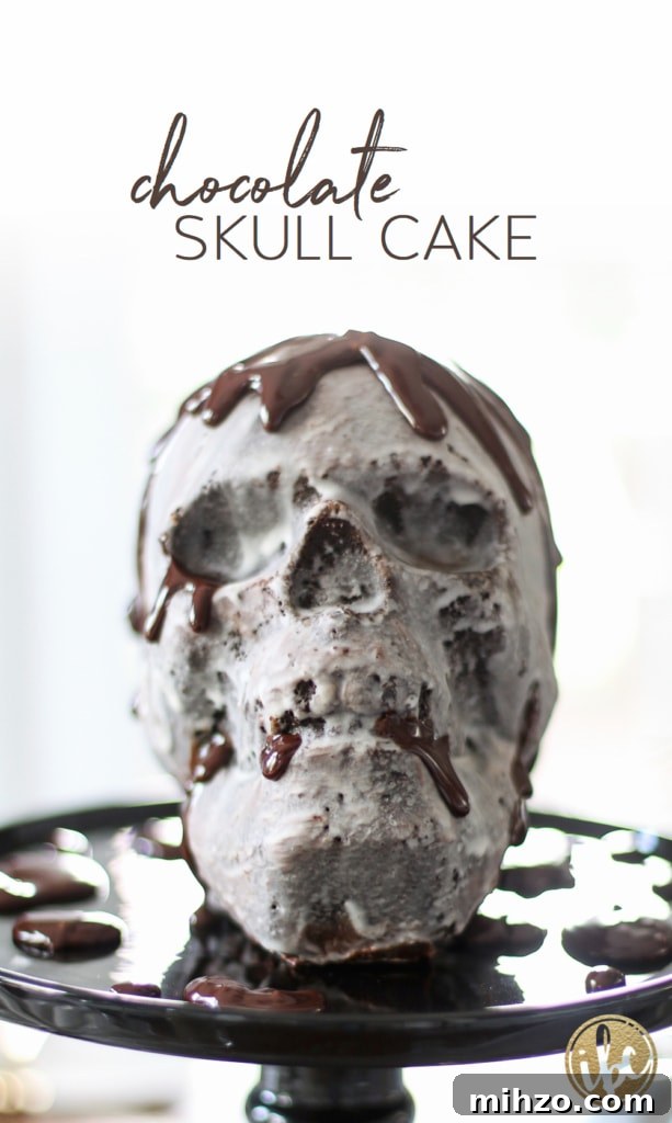Chocolate Skull Cake Recipe: Decadent Layered Halloween Dessert 7 Chocolate Skull Cake with chocolate frosting on a black cake stand.