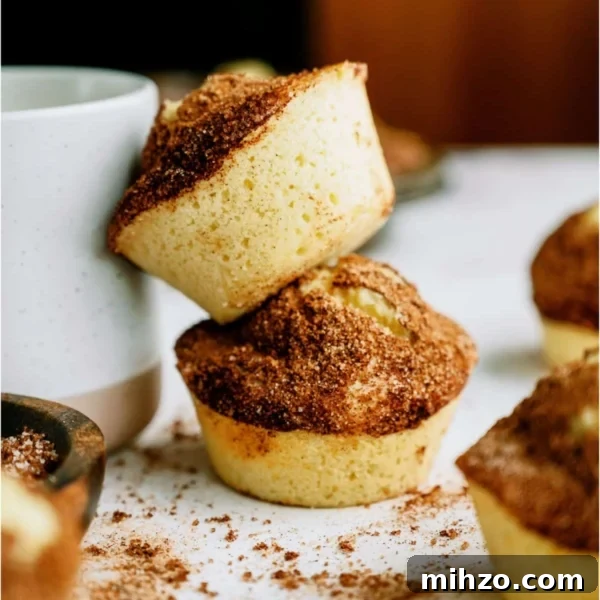 Two cinnamon sugar muffins are stacked beside a white cup, with more muffins and cinnamon sugar scattered on a white surface in the background.