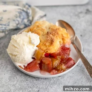 Rhubarb Cobbler with vanilla ice cream on a plate with a spoon.
