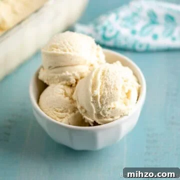 A bowl filled with scoops of homemade vanilla ice cream.