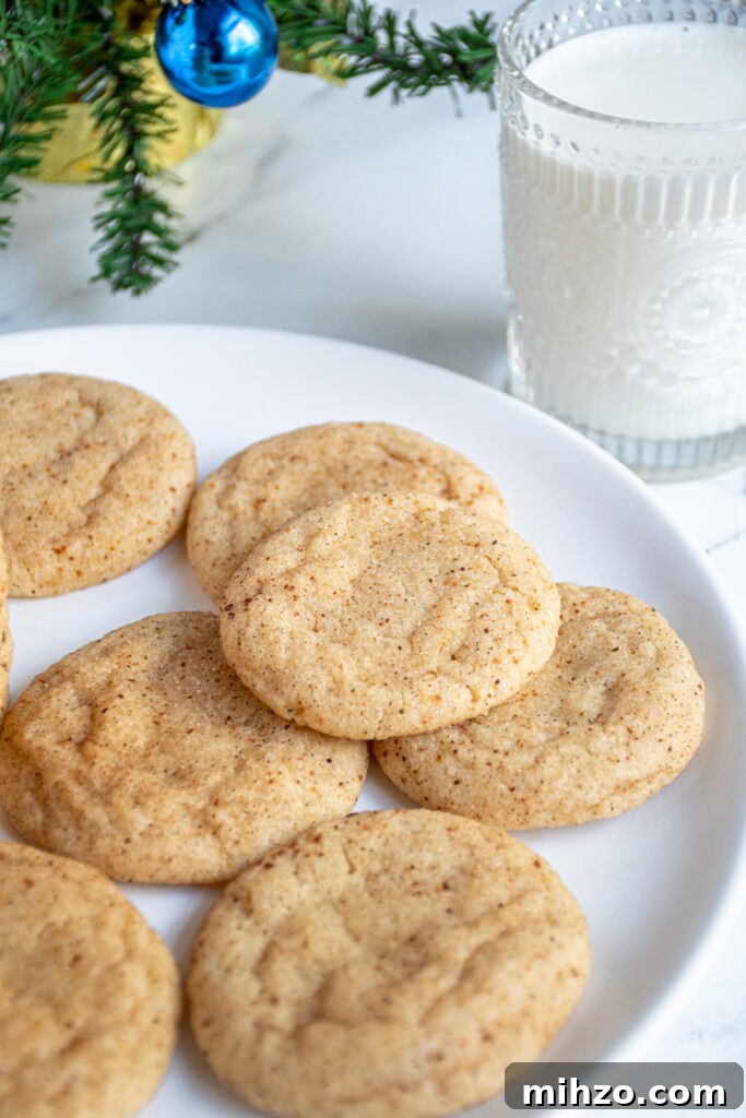 Eggnog Snickerdoodle Cookies with Warm Spices and Creamy Rum Option 10 A close up of an eggnog snickerdoodle on a plate showing off the sugary cinnamon and nutmeg outside.