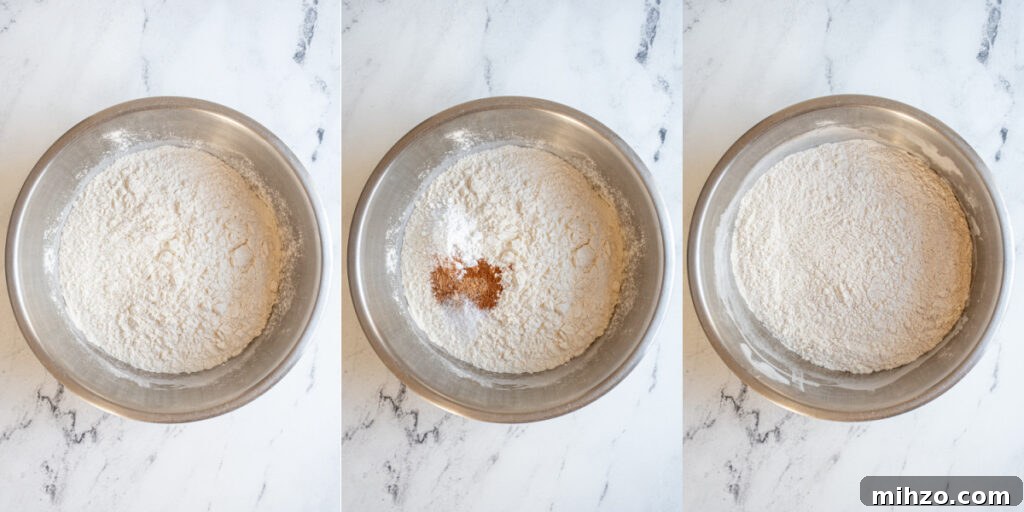 Eggnog Snickerdoodle Cookies with Warm Spices and Creamy Rum Option 5 Steps showing mixing all of the dry ingredients in with the flour.