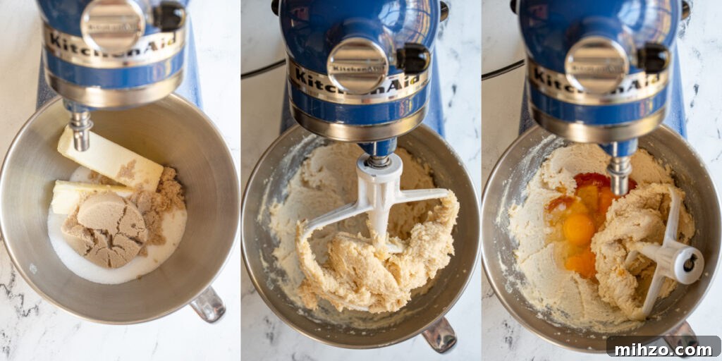 Eggnog Snickerdoodle Cookies with Warm Spices and Creamy Rum Option 6 Steps showing creaming the butter and sugars together in a stand mixer.