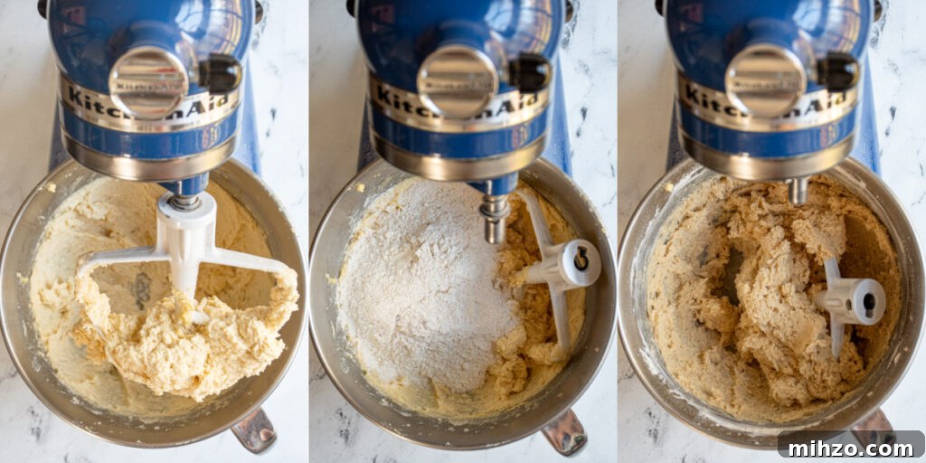 Eggnog Snickerdoodle Cookies with Warm Spices and Creamy Rum Option 7 Adding dry ingredients to wet ingredients in a stand mixer to make eggnog snickerdoodles.