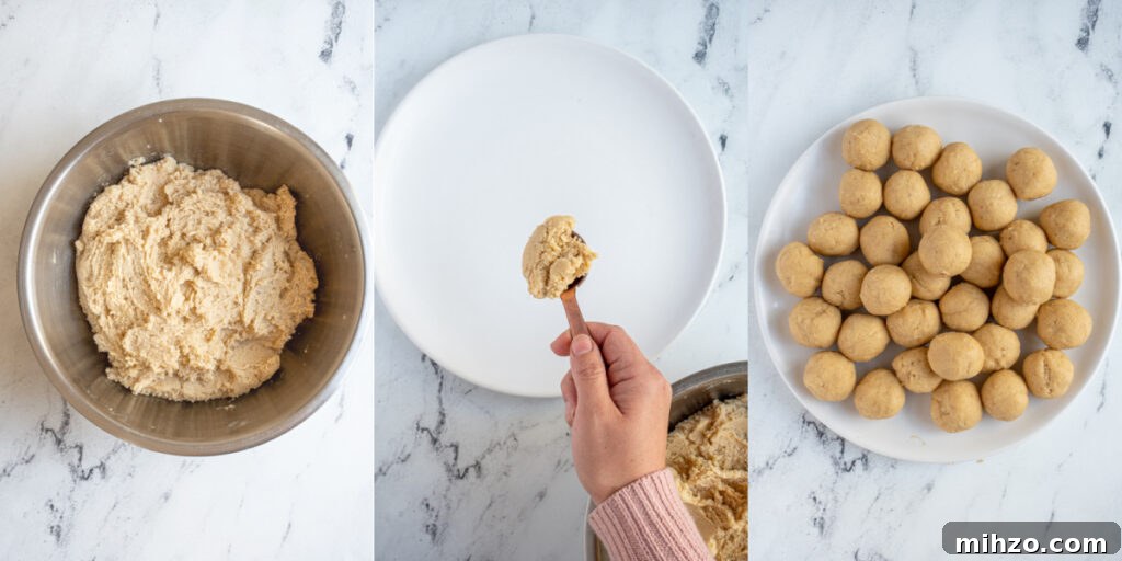 Eggnog Snickerdoodle Cookies with Warm Spices and Creamy Rum Option 8 Steps showing the rested cookie dough, scooping the dough, and a plate full of cookie dough balls.