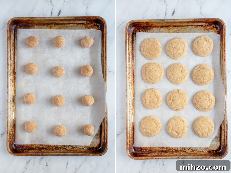 Eggnog Snickerdoodle Cookies with Warm Spices and Creamy Rum Option 9 Before and after cooking of eggnog snickerdoodles on a baking sheet.