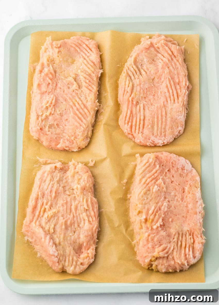 four ground chicken patties on a sheet of brown parchment paper