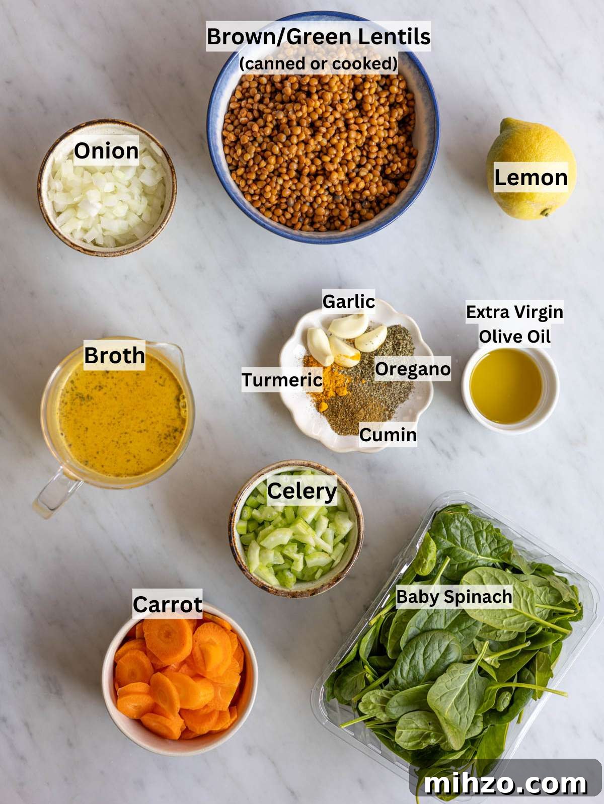 30-Minute Lemon Lentil Soup Recipe for Bright Flavor and Comfort 3 Ingredients for lemon lentil soup arranged on kitchen counter before cooking.