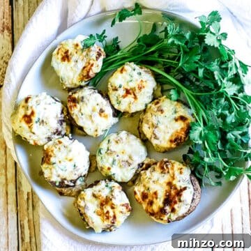 stuffed mushrooms on a white plate with green parsley to the side.
