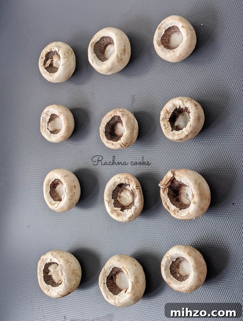 twelve mushrooms with their caps removed on a grey background